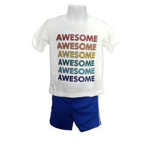 Swiggles Awesome wording rainbow colors white shirt blue shorts size 2T outfit